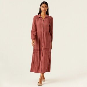 NWOT Indi & Cold San Sebastián Brown Long Sleeve Tiered Maxi Dress Size Small